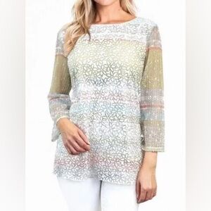 Ali Miles Floral Tunic Blouse Size L 3/4 Sleeve Lined Mesh Boho Flowy Pastel